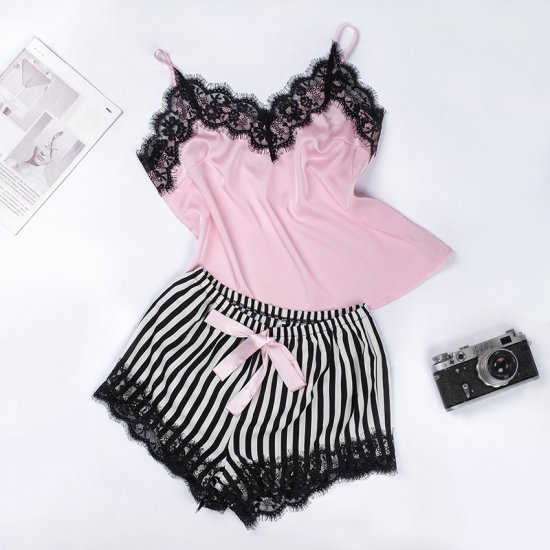 Lace Trim Satin Cami And Striped Shorts Pajama Set Women Sexy